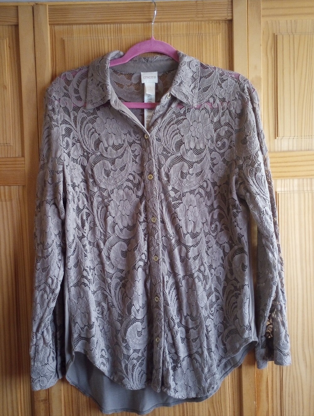 Chicos Crochet Lace Button-Down Shirt in Taupe